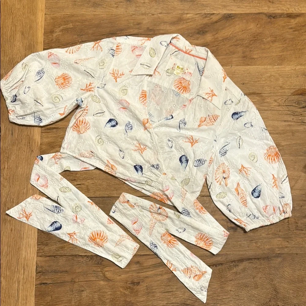 Anthropologie White and Orange Pajama Set with Whimsical Design Seashells Sea M2 - Picture 2 of 10